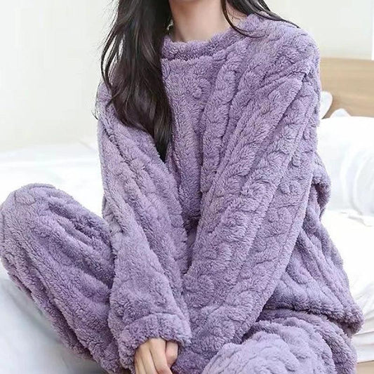 Solid Warm Thicken Velvet Ribbed Fleece Set Pajama