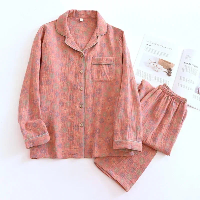 Suit Long-sleeved Trousers 100% Cotton Crepe Flower Leaves Pajama Sets