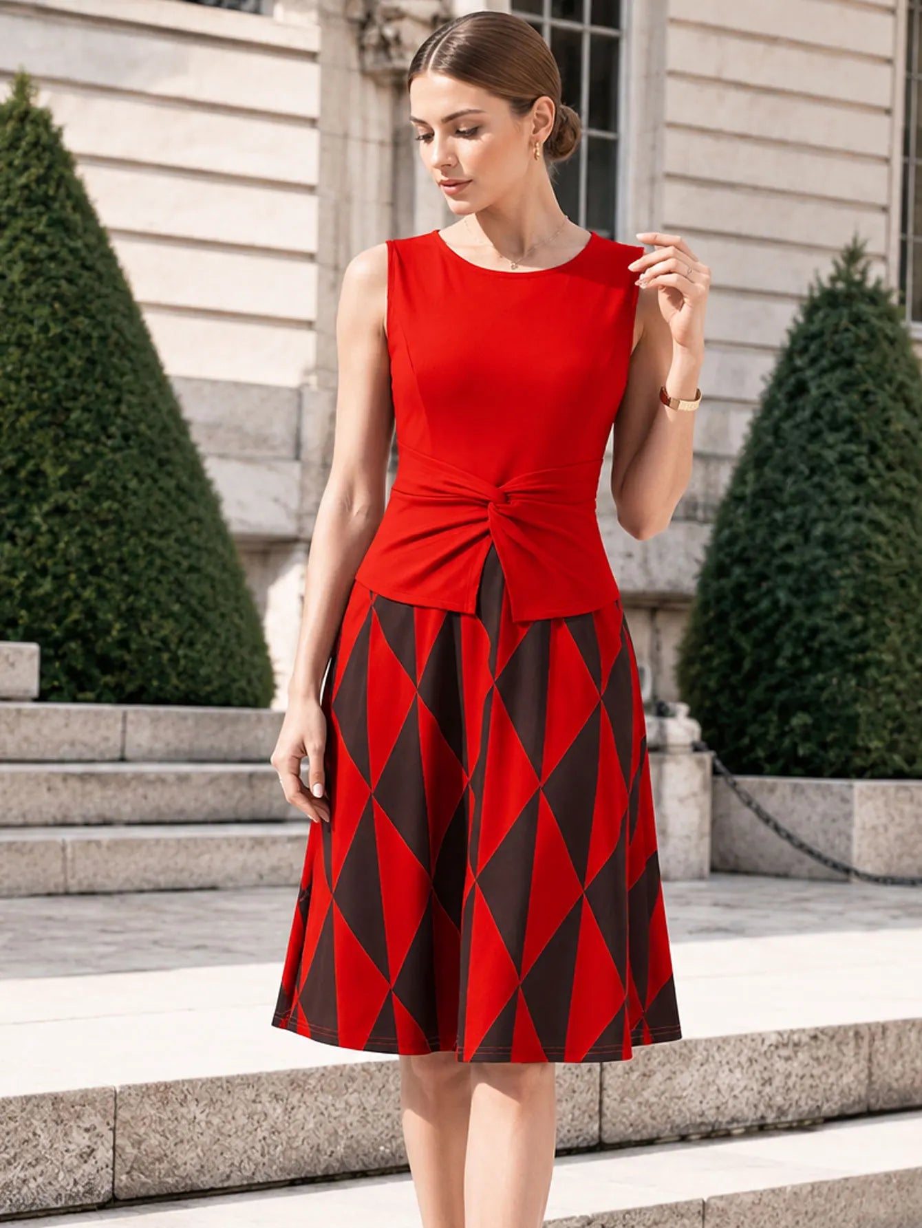 Twist Crew Neck Sleeveless Peplum Polka Dot Fit Swing Dress