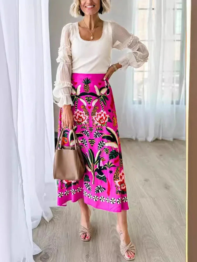 Street Tropical Plant Print Retro Half Skirt