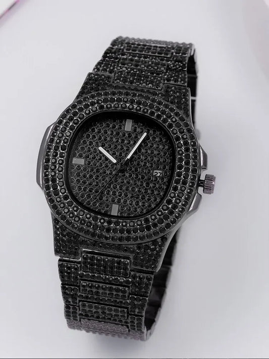 Reloj de cuarzo de acero negro con diamantes completos
