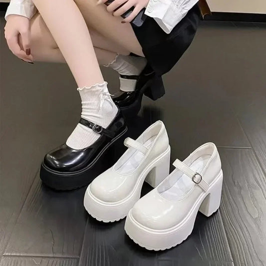 High Heels Mary Janes Leather Chunky Shoes