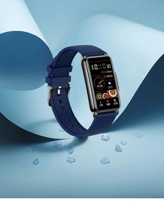 Smart fitness watch with blue strap and digital touchscreen, modern display on blue background