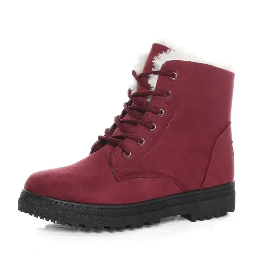 Burgundy lace-up winter boot with faux fur lining and black rubber sole