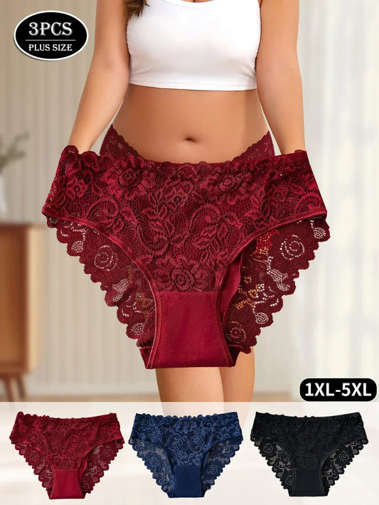 3PCS Plus-Size Hollow Floral Lace Sexy Lingerie