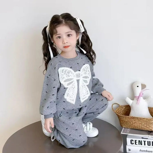Fleece Autumn Winter Bow Print Sweatshirt+Pants Velvet Warm Set