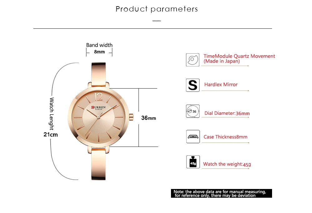 Rose gold women’s wristwatch with 36mm dial, 8mm band width, and quartz movement specifications.
