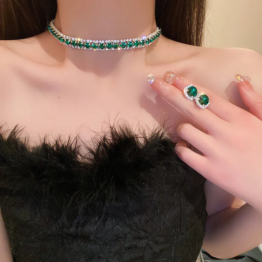 Luxury Green Crystal Necklace Jewelry Set