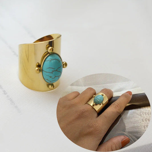 Creative Gold Plated Stainless Steel Simple Geometric Round Natural Stone Ring
