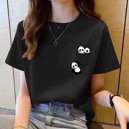 Short Sleeve Top Panda Cartoon Printed T-shirt