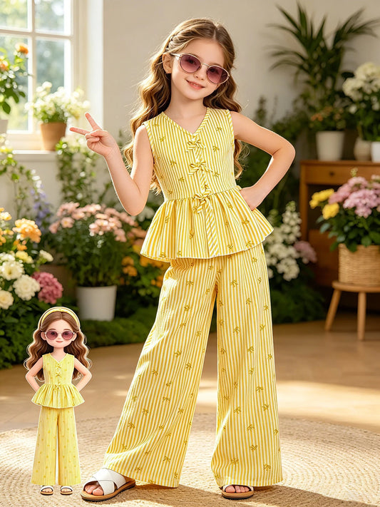 Yellow Vertical Stripe Bow Print V Neck Sleeveless Peplum Set