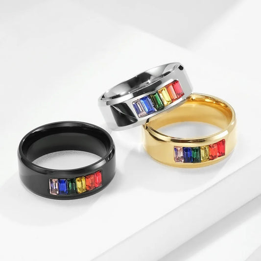 8mm Titanium Steel Rainbow Zircon Rings