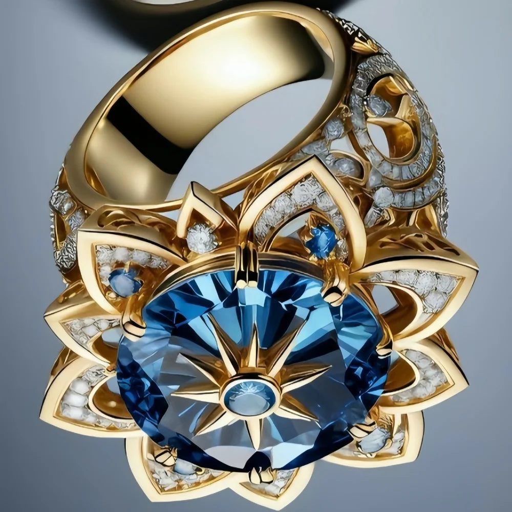 Luxury Blue Zircon Big Stone Round Sun Flower Vintage Gold Ring