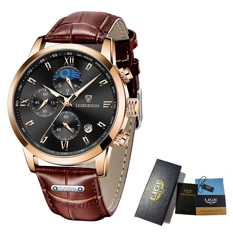 Men's gold case chronograph watch with brown leather strap and branded gift box set