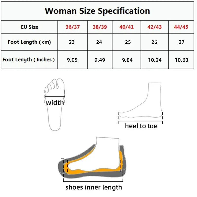 Women's shoe size chart with EU sizes, foot length in cm and inches, and measurement guides.
