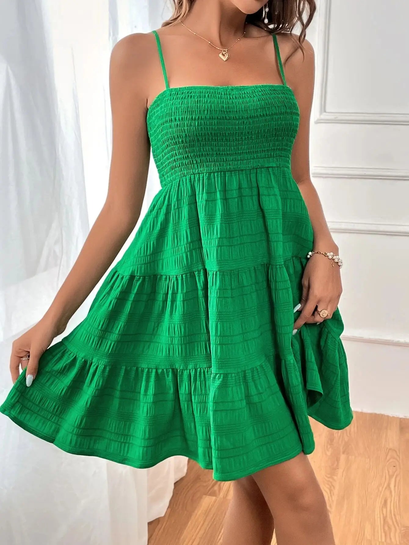 Spaghetti Strap Smocked Bustier Mini Swing Dress
