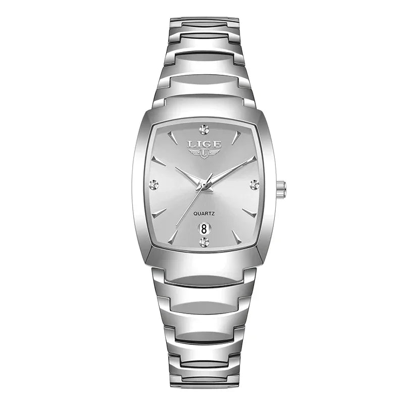 Silver men's square dial quartz watch with metal band and date display