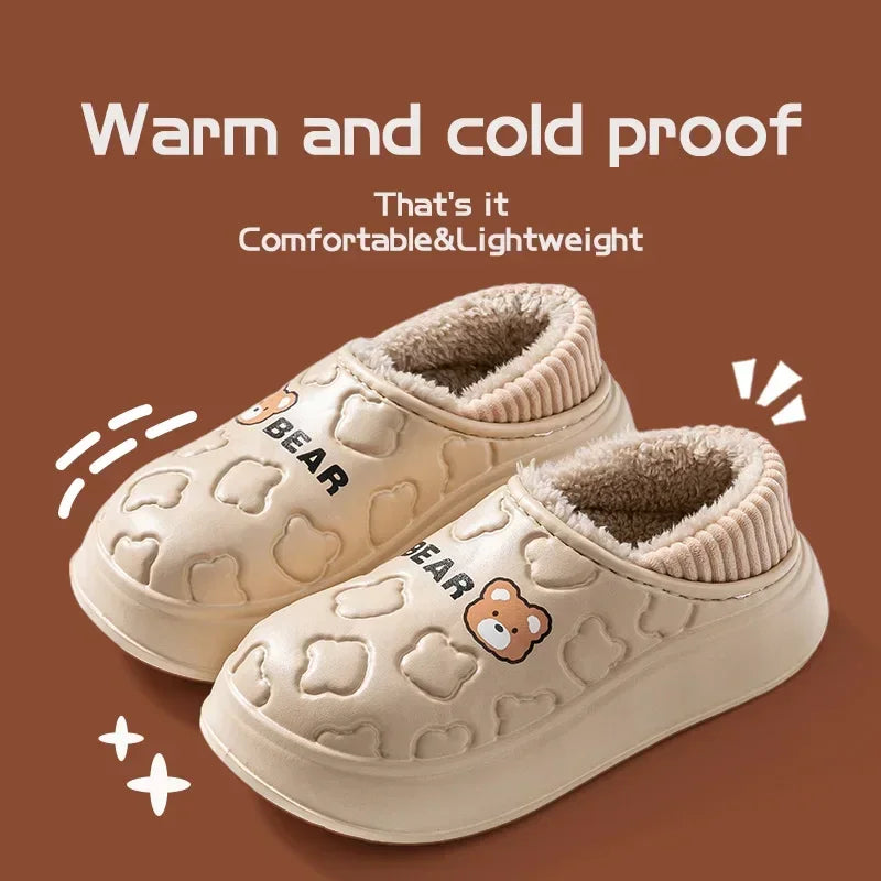 Beige bear-patterned warm indoor slippers with plush lining, cozy and lightweight design