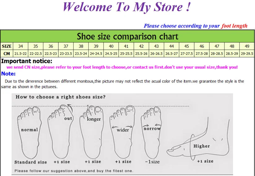 Shoe size comparison chart with foot length in cm, sizing tips, and foot shape illustrations.