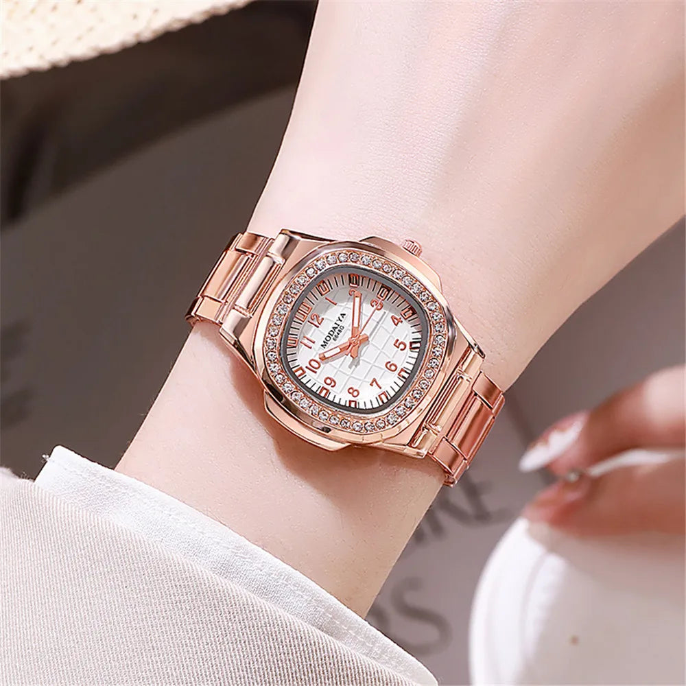 Luxury Digital Diamond Studded Quartz Rose Gold Stainless Steel Strap Watch