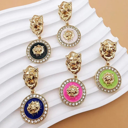 Punk Embossed Lion Head Drop Gold-plated Zircon Gothic Earrings