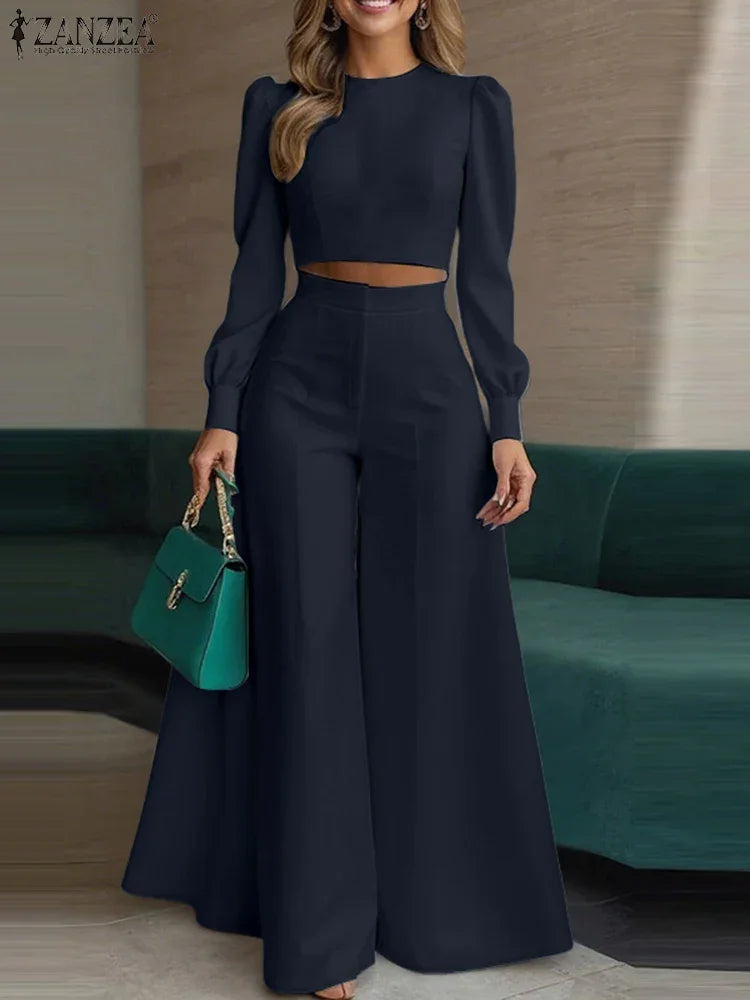 Conjunto de pantalón y pantalón de pierna ancha con manga corta abullonada