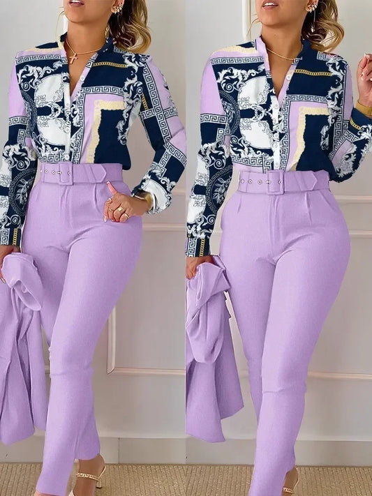 Floral Print Long Sleeve Shirt Pants Sets
