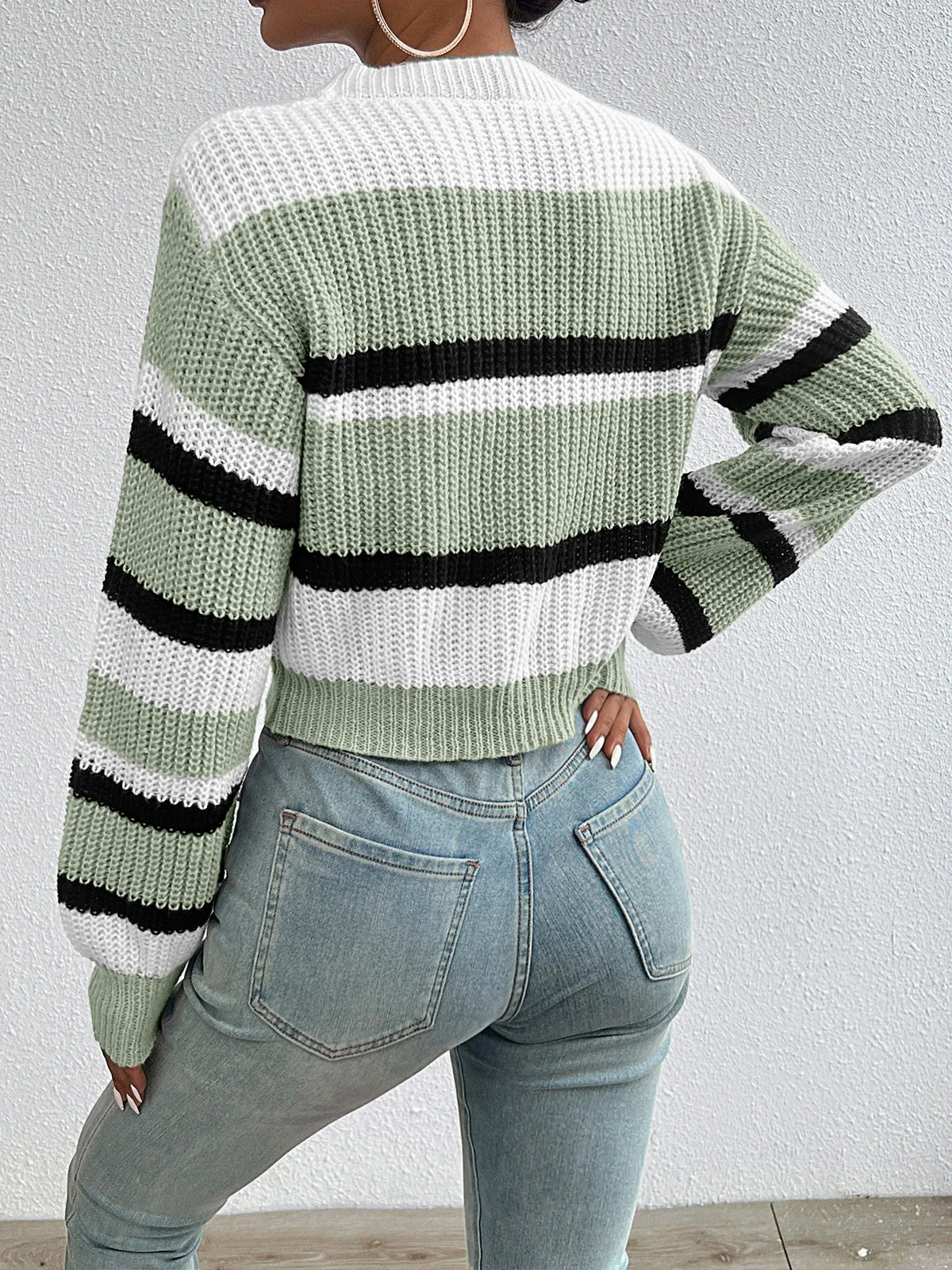 Drop Shoulder Round Neck Color Matching Knitted Long Sleeve Ladies Sweater