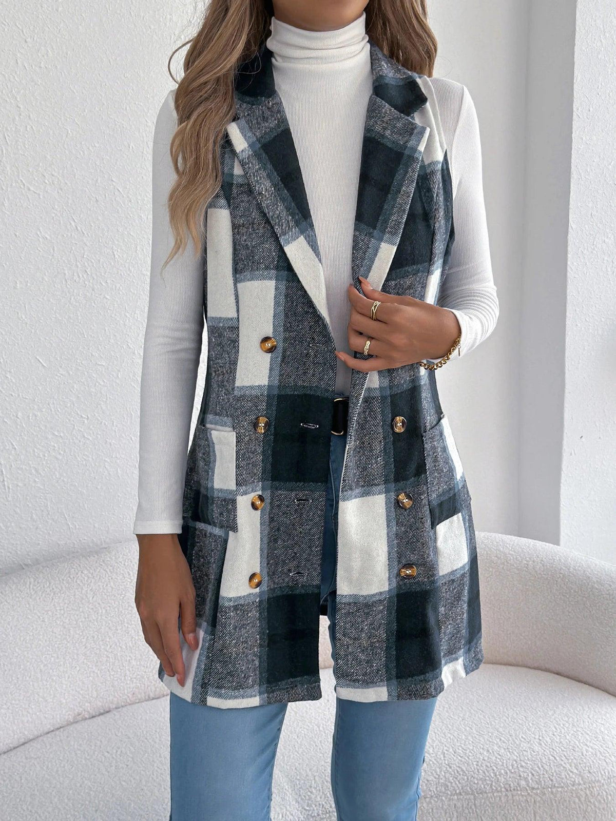 Lapel Double Breasted Plaid Vest Sleeveless Blazer