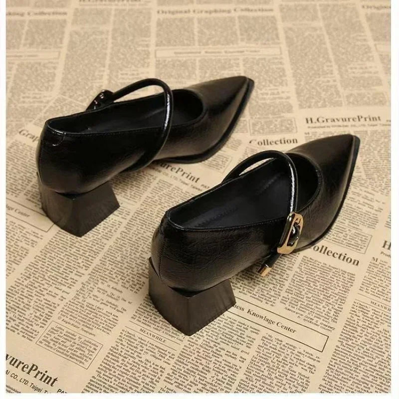 Leather Chunky Heel Single Strap Shoes