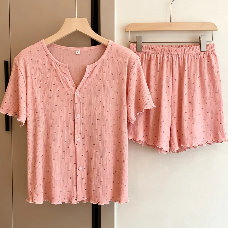 Japanese-Style Knitted Cotton Short-Sleeved Cardigan Thin Sleepwear Pajamas