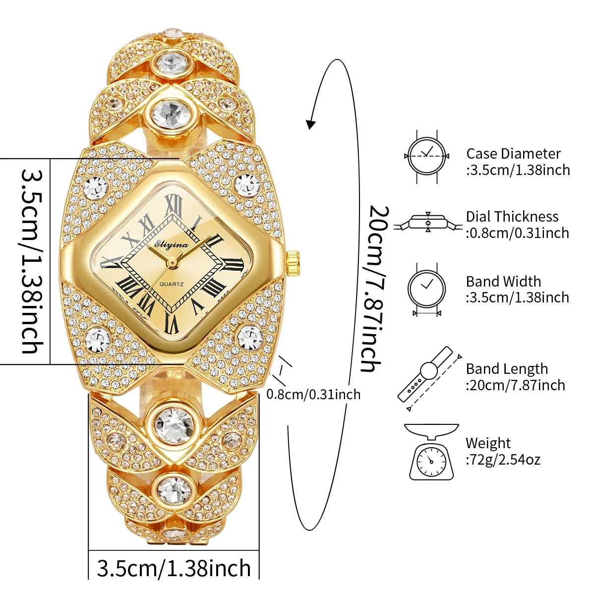 Luxury Rhinestone Golden Bracelet Strap Square Roma Dial Wristwatch