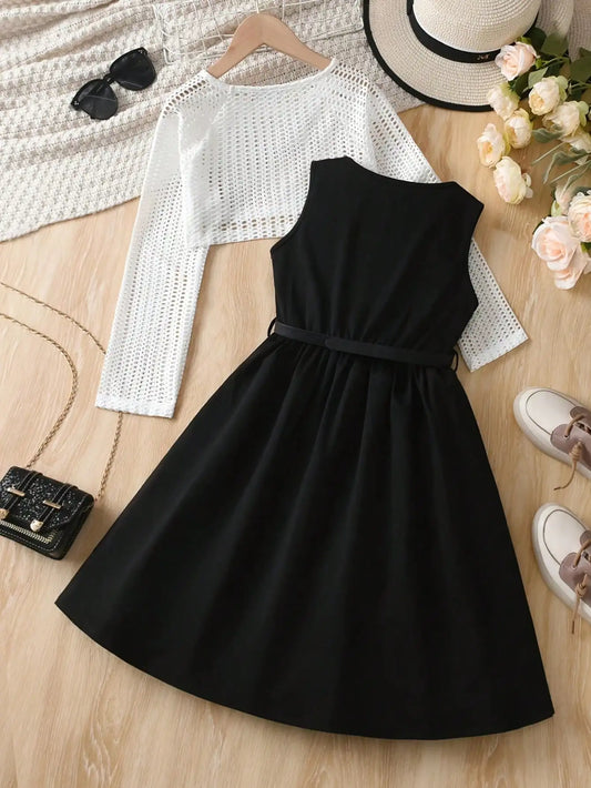 Round Neck Long Sleeved Top + Round Neck Sleeveless Dress Set