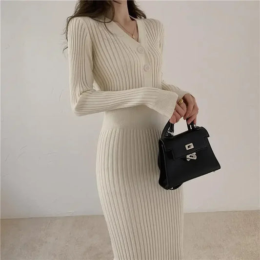 Elegant Long Slim Sweater Elastic Waist Hip Bottoming Korean Bodycon Dress