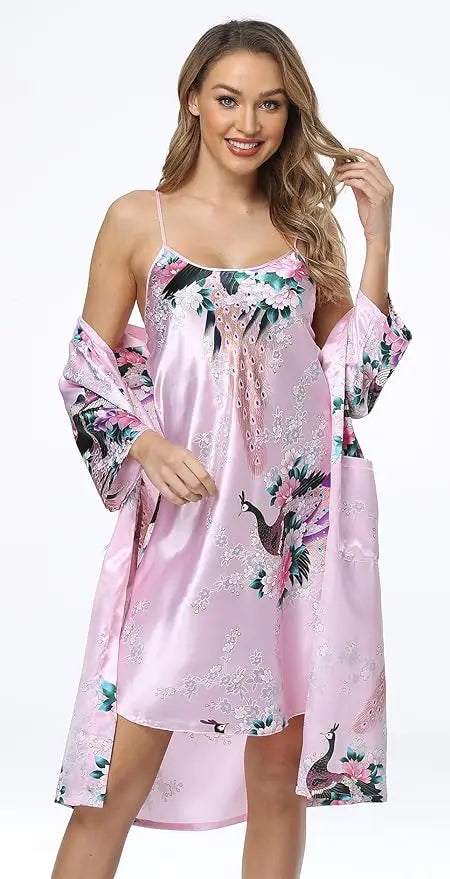 Floral Satin Kimono Robe and Nightgown Bathrobe Set