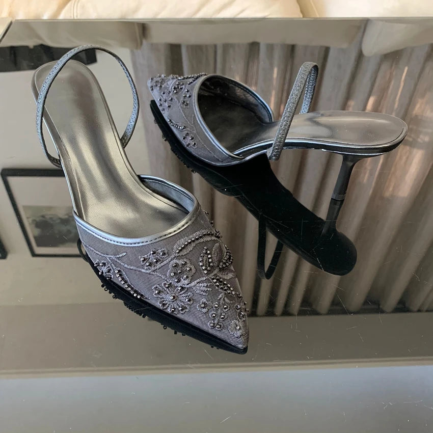 Mesh Flowers Back Strap Sexy Shoes