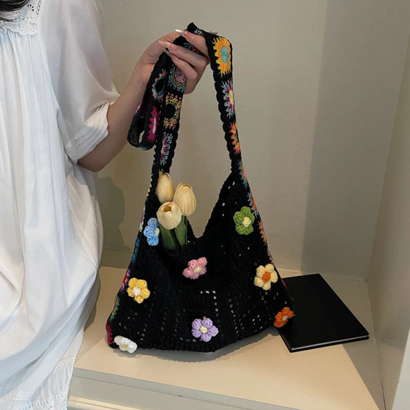 Large Capacity Boho Tote Floral Crochet Handbag