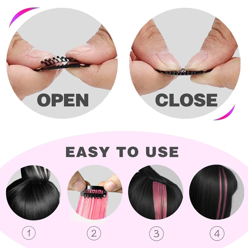10Pcs Pink Clip in Hair Extensions Party Highlights Wig Synthetic Colored Straight Hairpiece
