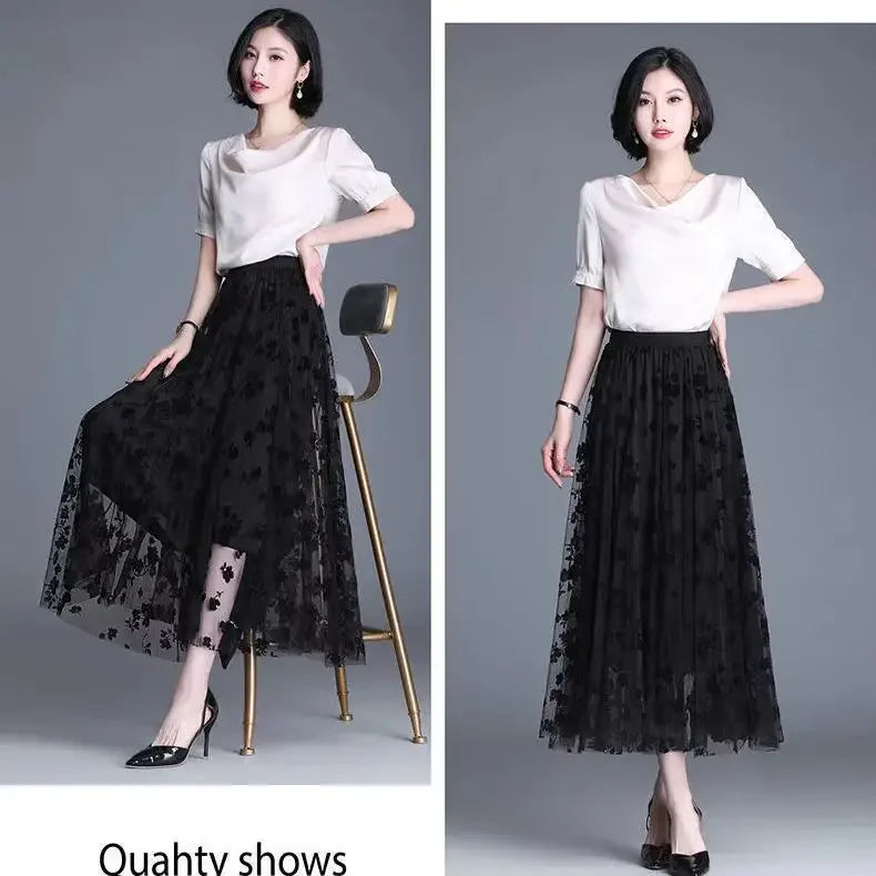 Korean Tulle Floral Loose Midi Skirt