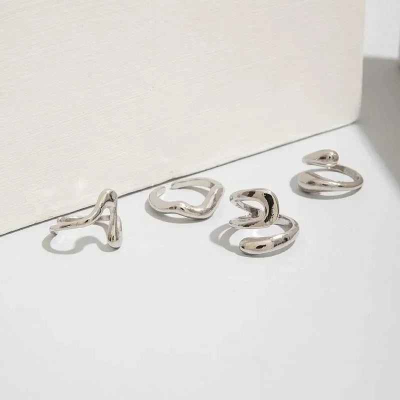 4Pcs/Set Silver Irregular Geometric Open Rings