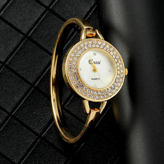 Luxury Gold Dial Rhinestone Round Quartz Bracelet Watch