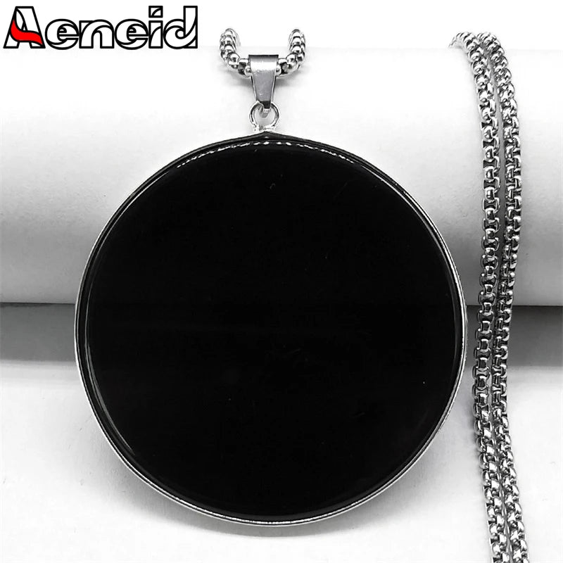 Big Black Obsidian Necklace Stainless Steel Natural Stone
