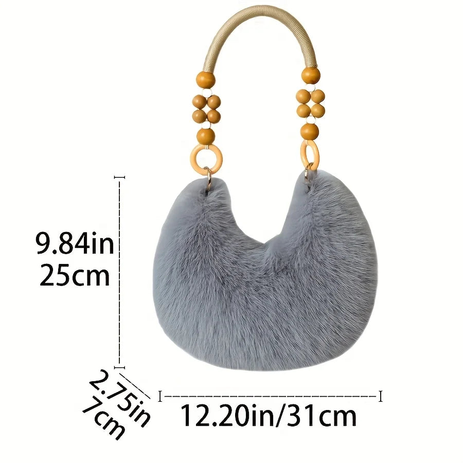Plush Faux Tote Bead Accented Strap Zipper Closure Elegant Handbags