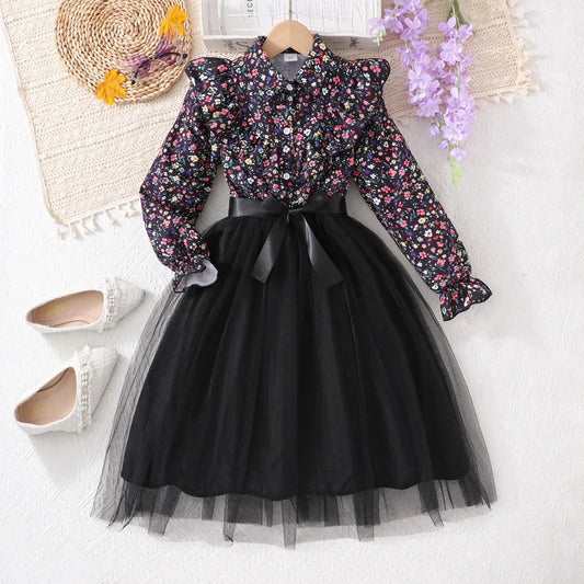 Black Long Sleeve Floral Gauze Belt Casual Elegant Teen Princess Dress