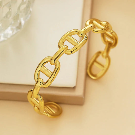 Gold Hollow-Out Cuff Stainless Steel Wide Bangle Bracelet