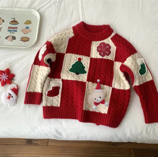 Red Sweater for Christmas and New Year Cartoon 3D Knit Pullover