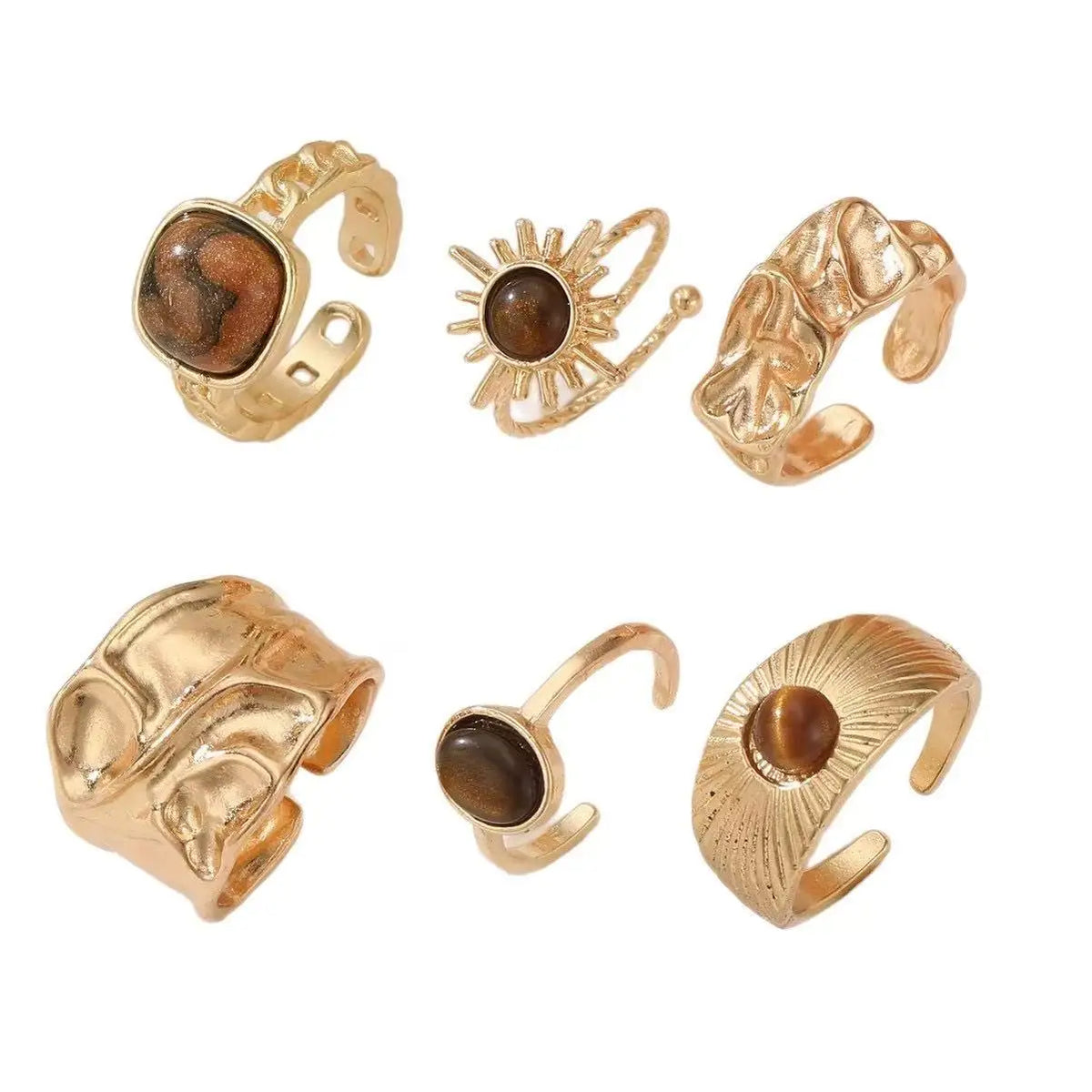 6pcs Sunflower Tiger Eye Stone Ring Set