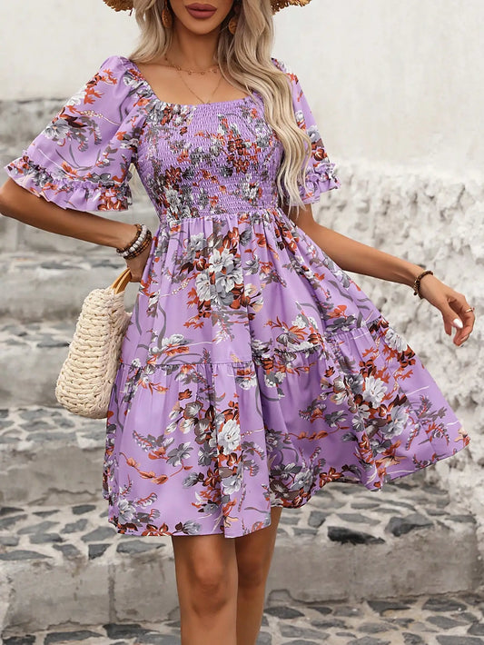 Boho Floral Print Square Neck Smocked Waist Ruffle Mini Dress