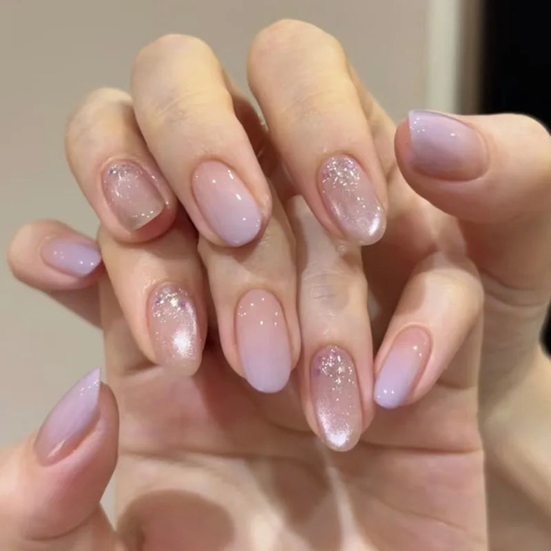 24Pcs Metallic Cat Eye French Sheer Manicure Tip Art Textured 3D Acrylic False Nails