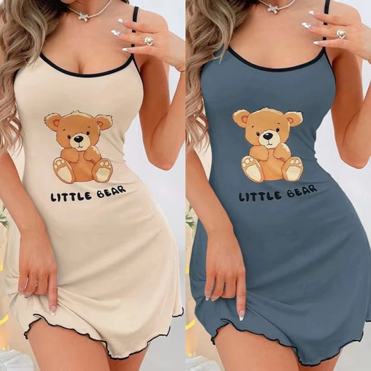 Little Bear Print Spaghetti Strap Sleep Dress